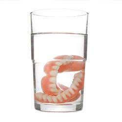 set of dentures submerged in a glass of water