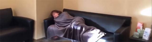 Diane napping on the couch with a blanket