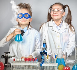 young science nerds with beakers and microscopes