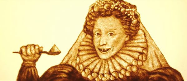 caricature of Queen Elizabeth I eating a spoonful of sugar