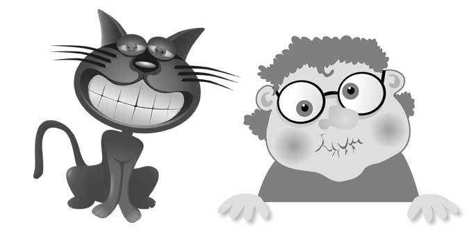 cat with big teeth next to a woman with no teeth (cartoon)