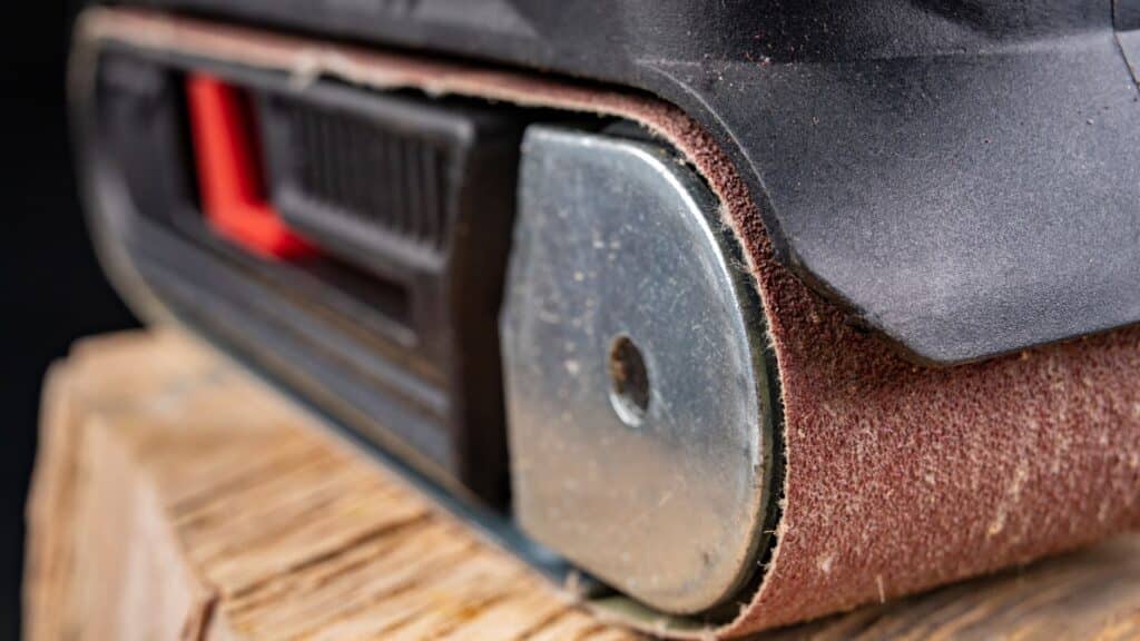 close up of a belt sander on a block of wood