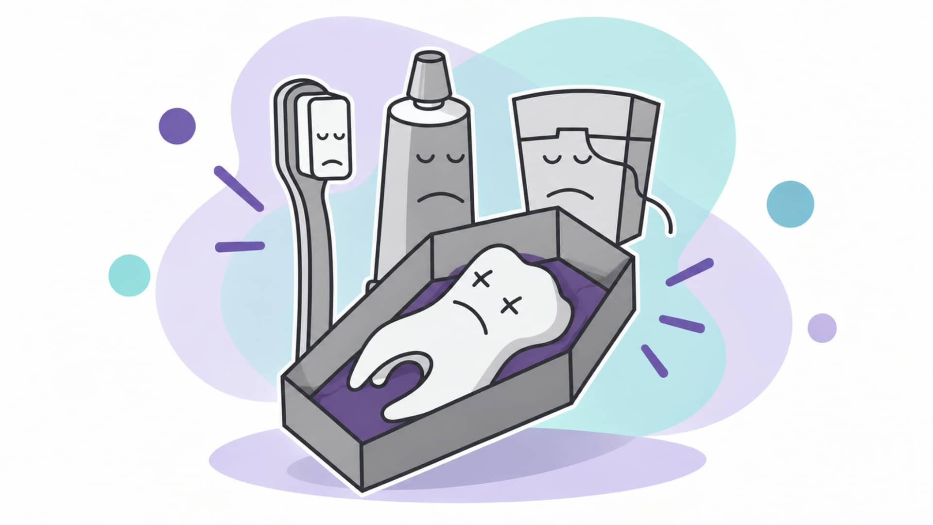 Cartoon illustration of a dead tooth in a coffin surrounded by a sad toothbrush, toothpaste, and dental floss.