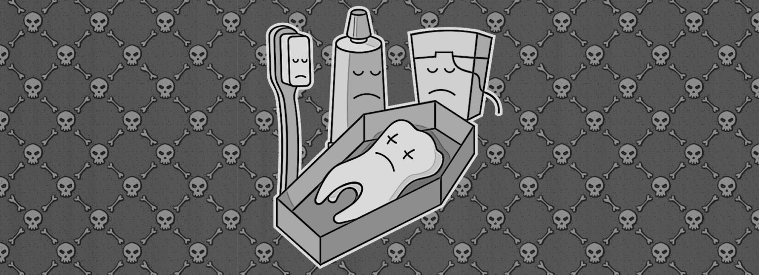 cartoon illustration of a dead tooth with a sad toothbrush, toothpaste, and dental floss mourning