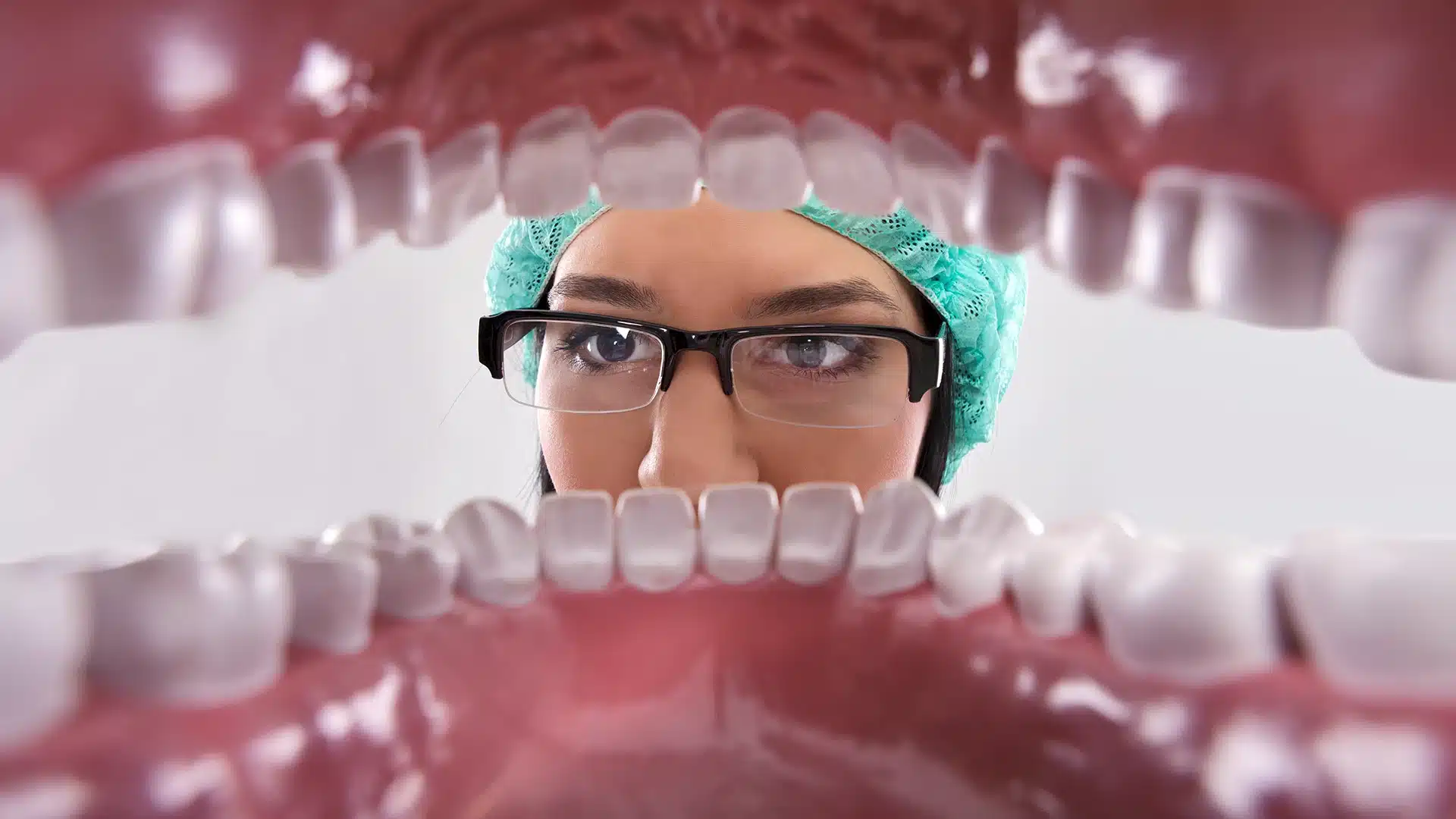view from inside mouth to dentist looking at teeth and gums