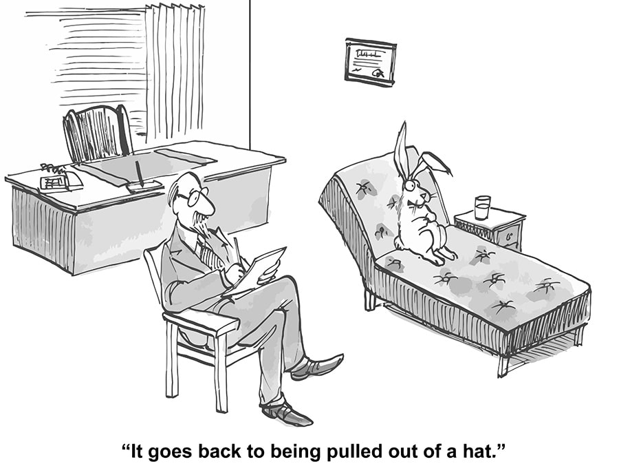 cartoon with a rabbit on the couch and a therapist telling the rabbit it goes back to being pulled out of a hat