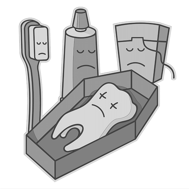 comic dead tooth illustration with a grieving toothbrush, toothpaste, and dental floss