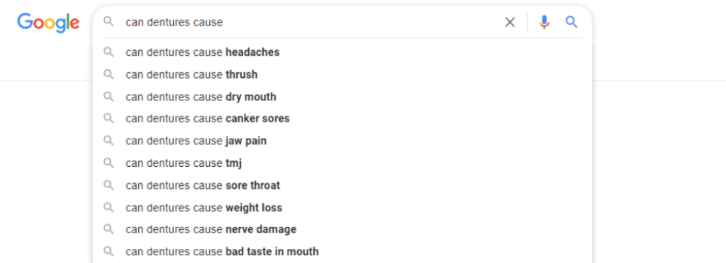 screenshot of google suggestions for dentures related search question